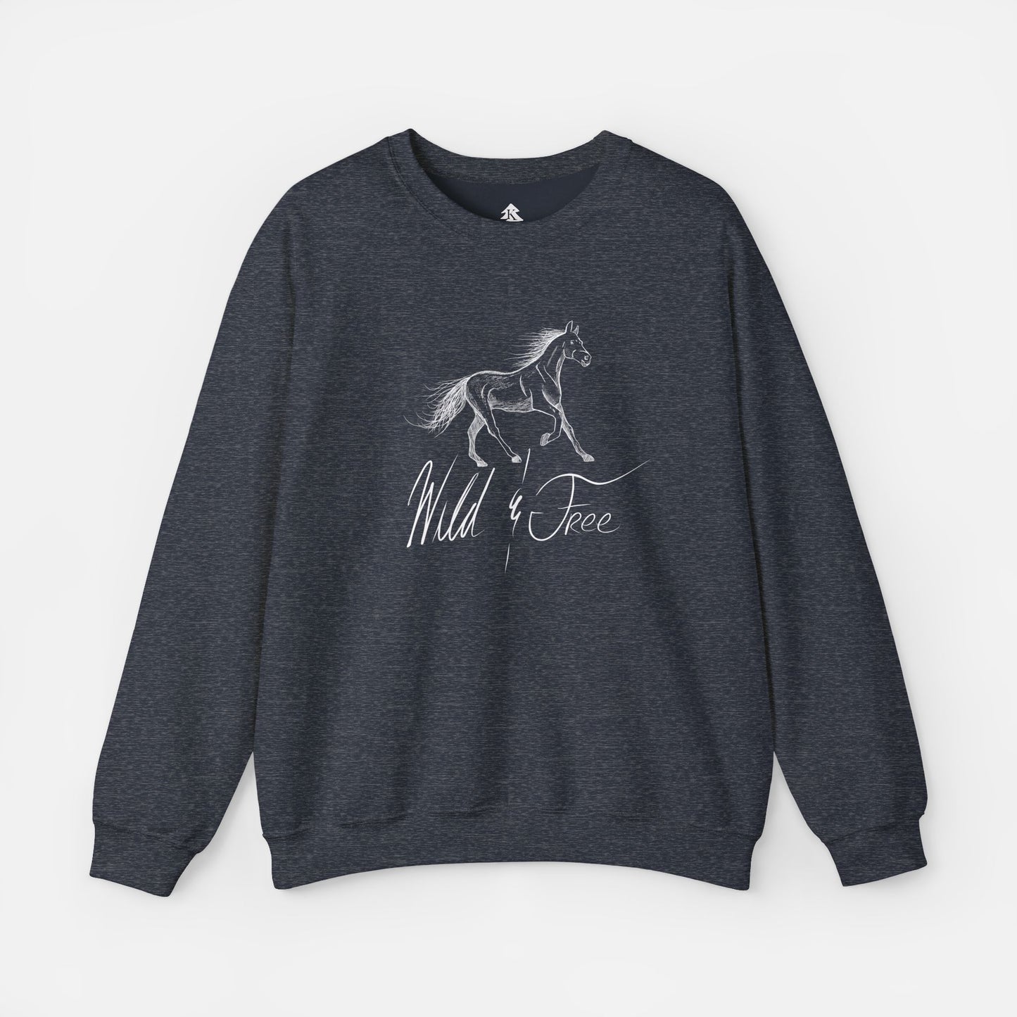 Wild and Free Elegant Horse Illustration Sweatshirt in heather navy blue on a white background, featuring a graceful equine design for horse lovers and equestrian fashion enthusiasts.