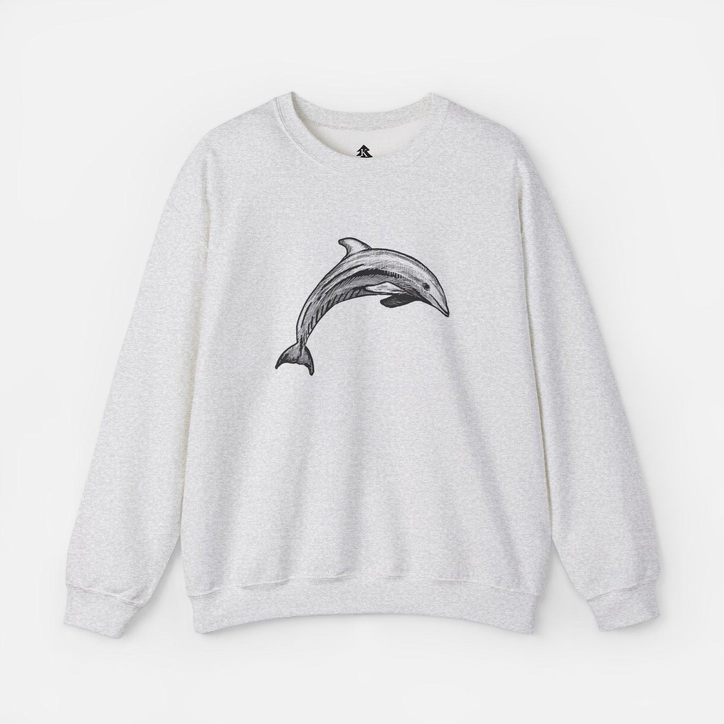 Gray Minimalist Pen & Ink Dolphin Illustration Sweatshirt front view on white background, featuring an elegant dolphin design for ocean lovers and artistic fashion enthusiasts.
