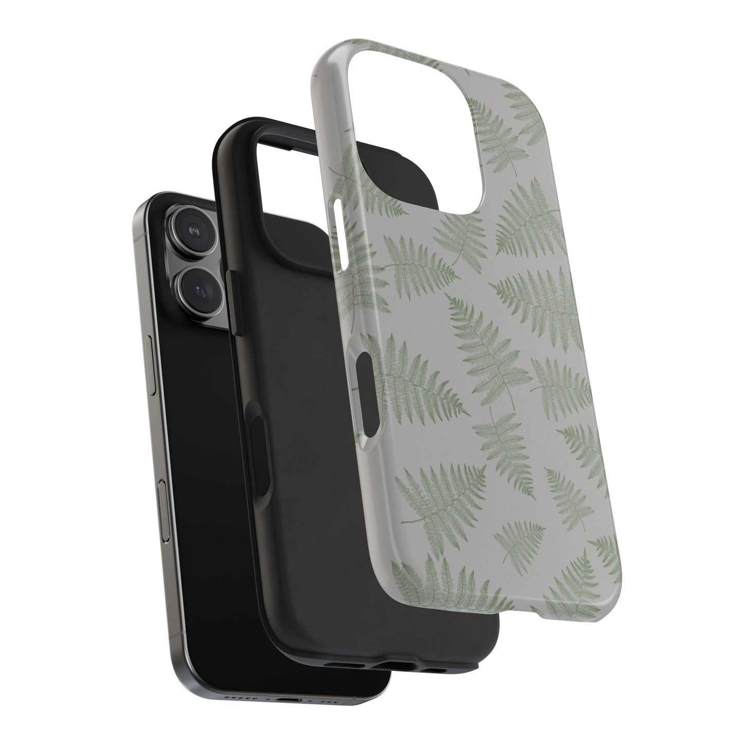 A green fern on gray base pattern designed phone case exploded view showing the rubber liner. Crafted for strong and durable protection.