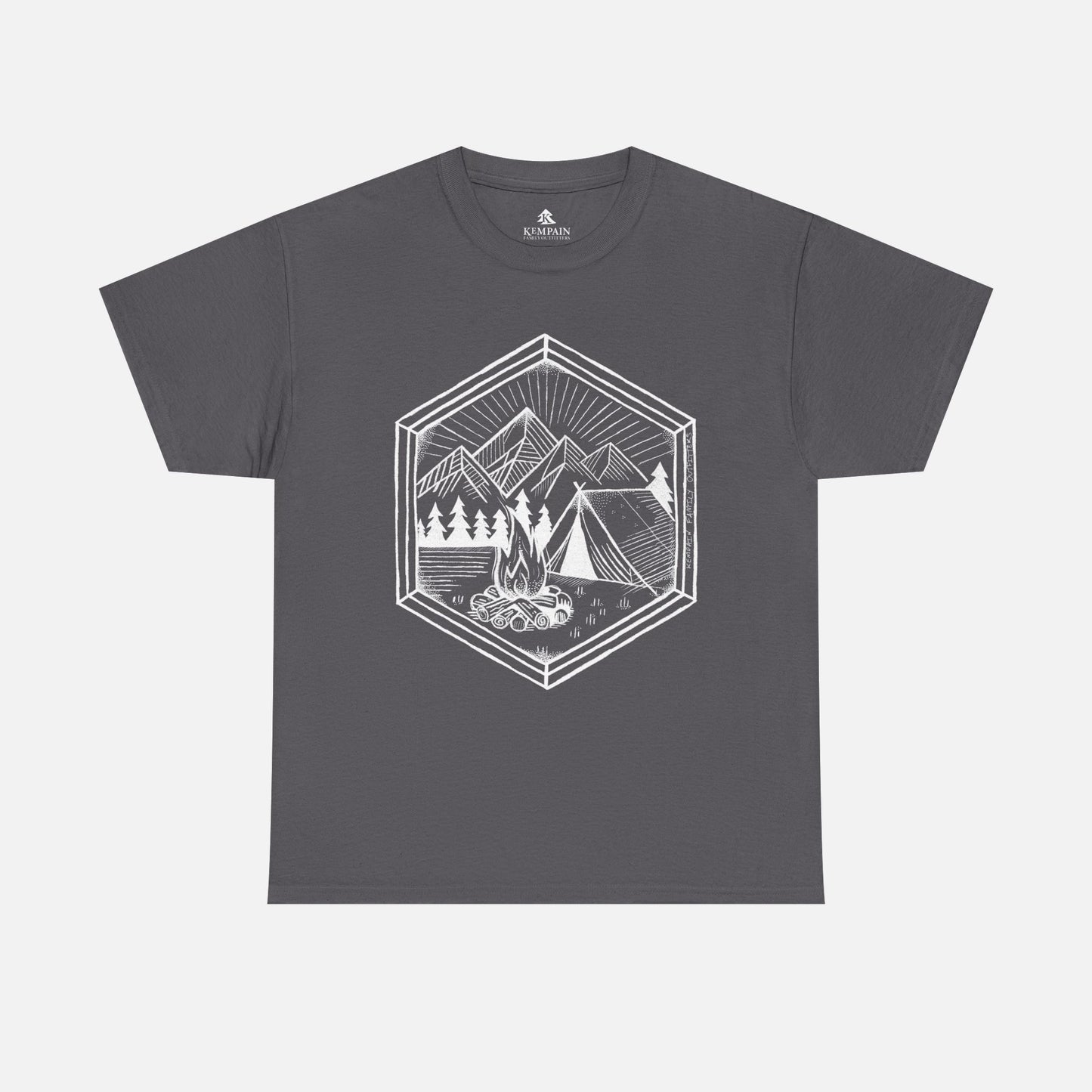 Nature’s Refuge Grey Camping T-Shirt displayed flat on a white background, showcasing a geometric outdoor adventure design.
