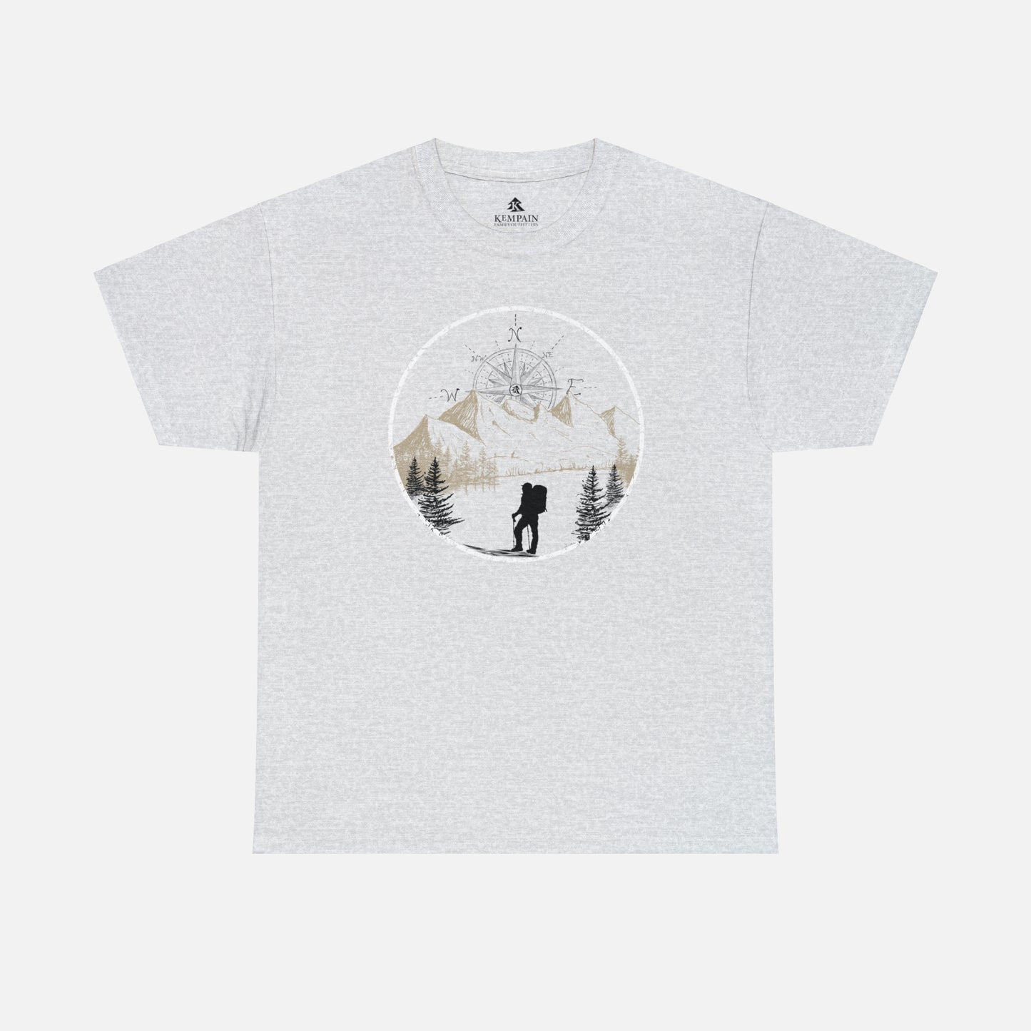 A ash color Unisex Cotton Tee on white background, featuring a captivating hand-drawn illustration that encapsulates the spirit of hiking. Featuring majestic mountains and a compass rising in the sky that beckons the call of adventure.