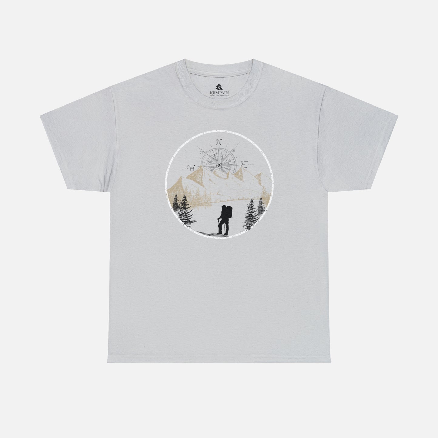 A ice grey Unisex Cotton Tee on white background, featuring a captivating hand-drawn illustration that encapsulates the spirit of hiking. Featuring majestic mountains and a compass rising in the sky that beckons the call of adventure.
