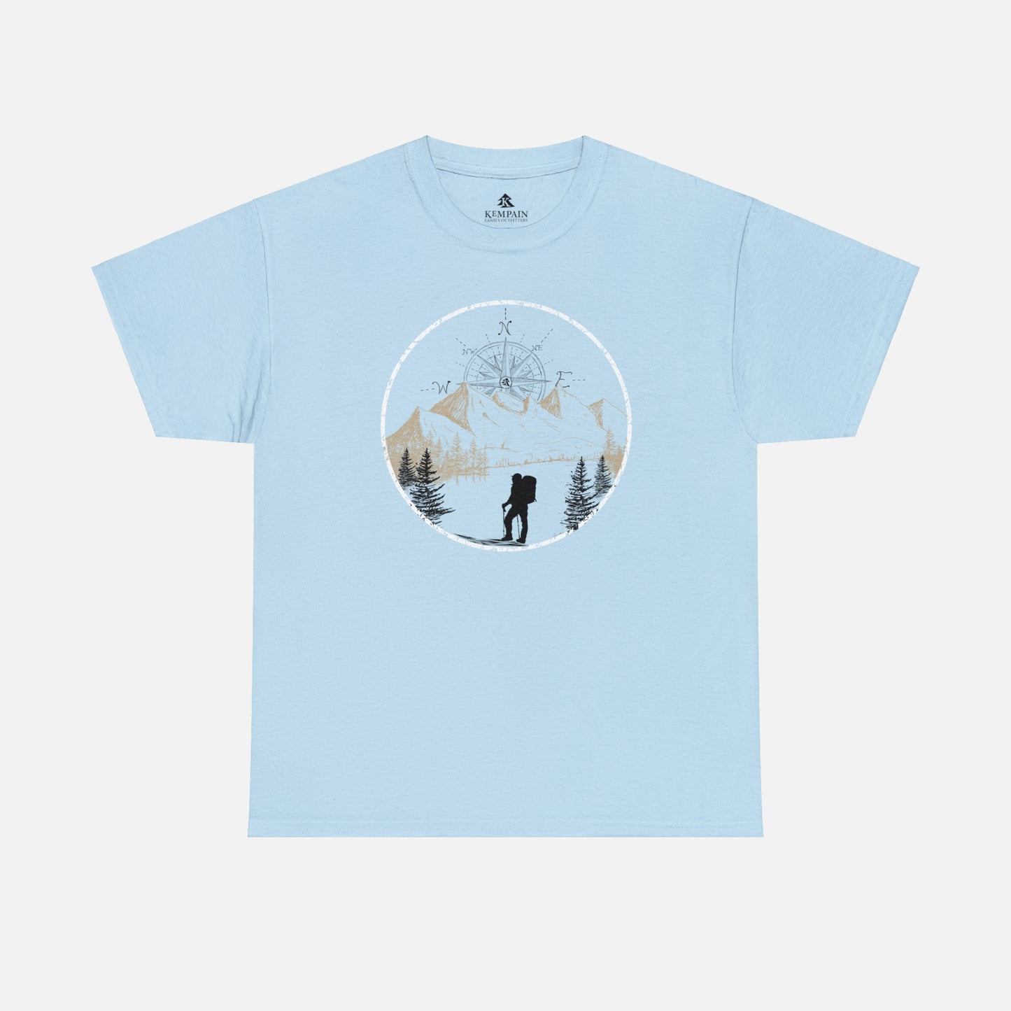 A light blue Unisex Cotton Tee on white background, featuring a captivating hand-drawn illustration that encapsulates the spirit of hiking. Featuring majestic mountains and a compass rising in the sky that beckons the call of adventure.