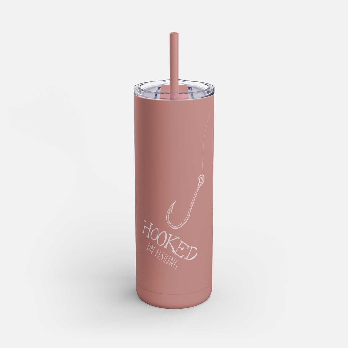 Hooked on Fishing Pink Tumbler - Personalized Gift with Fish Hook & Line Design on a white background.