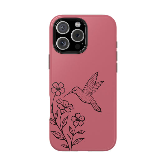 Hummingbird & Flowers Phone Case with black pen floral and bird illustration on white background, minimalist nature design.