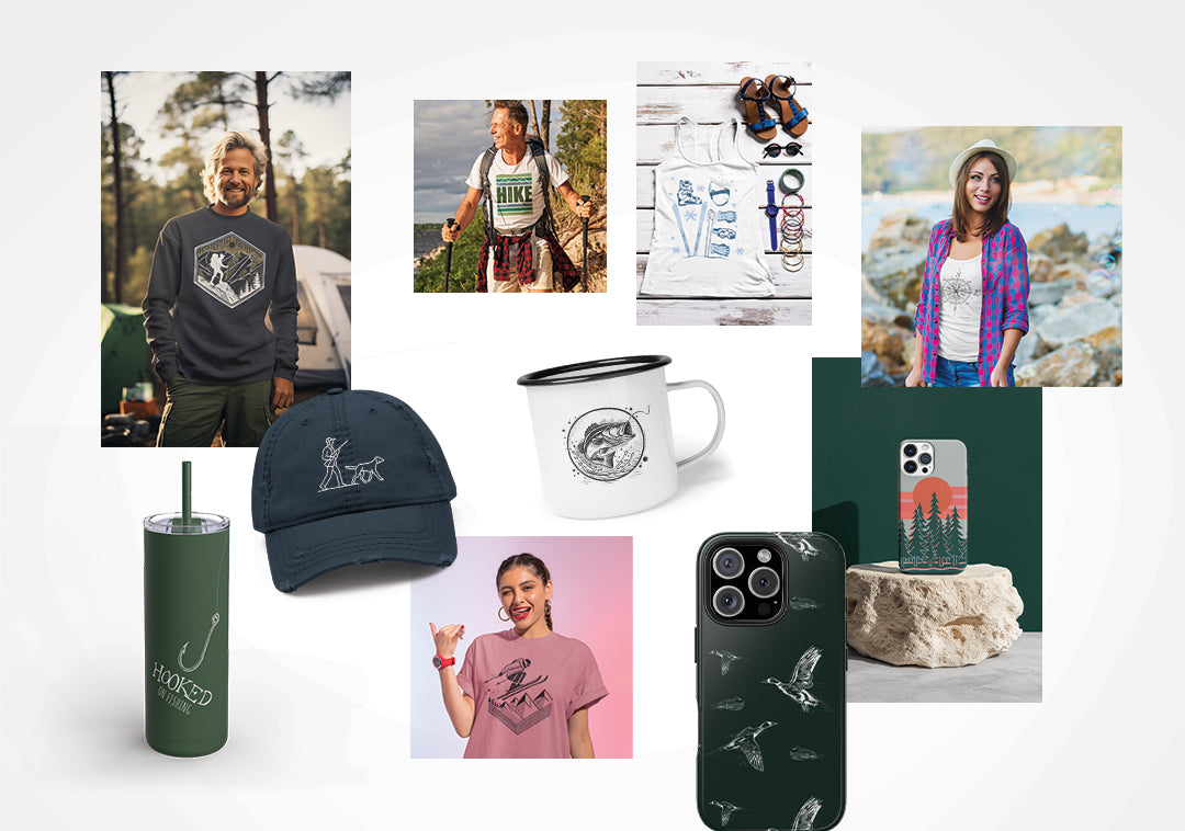 Collage of outdoor-themed products including shirts, hats, tumblers, and phone cases.