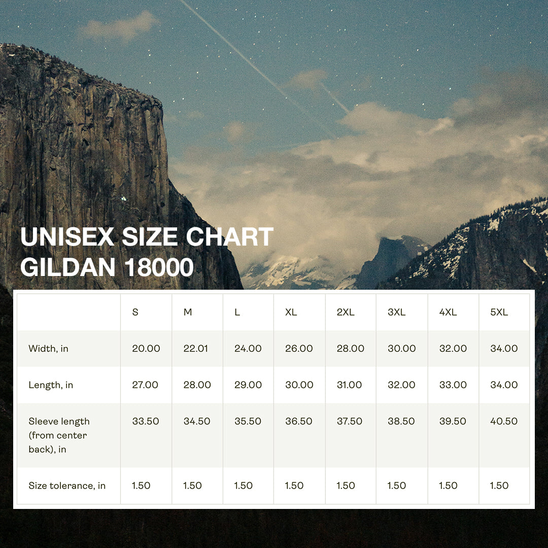 Size chart for the Sun Over Clouds Minimalist Sweatshirt, displaying measurements for chest width, body length, and sleeve length for unisex adult sizes.