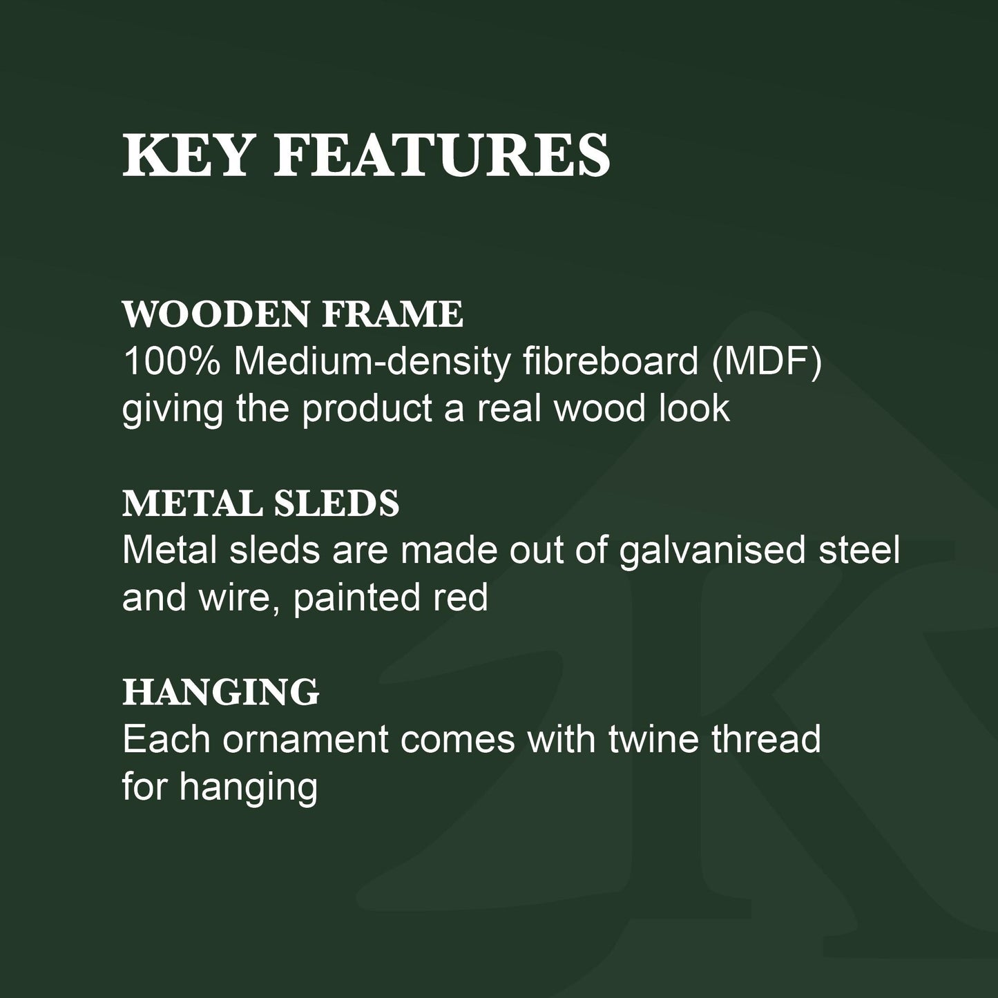 Wooden Frame (fiberboard real wood look), Metal Sleds (galvanized steel and wire painted red) , Hanging (comes with twine thread for hanging).