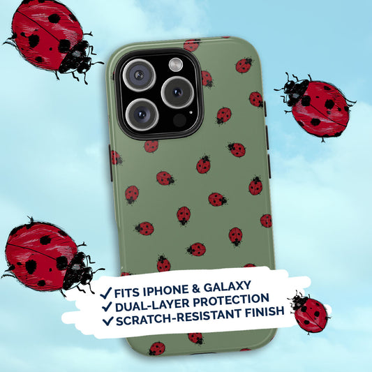 Phone case with ladybug pattern on a light blue background