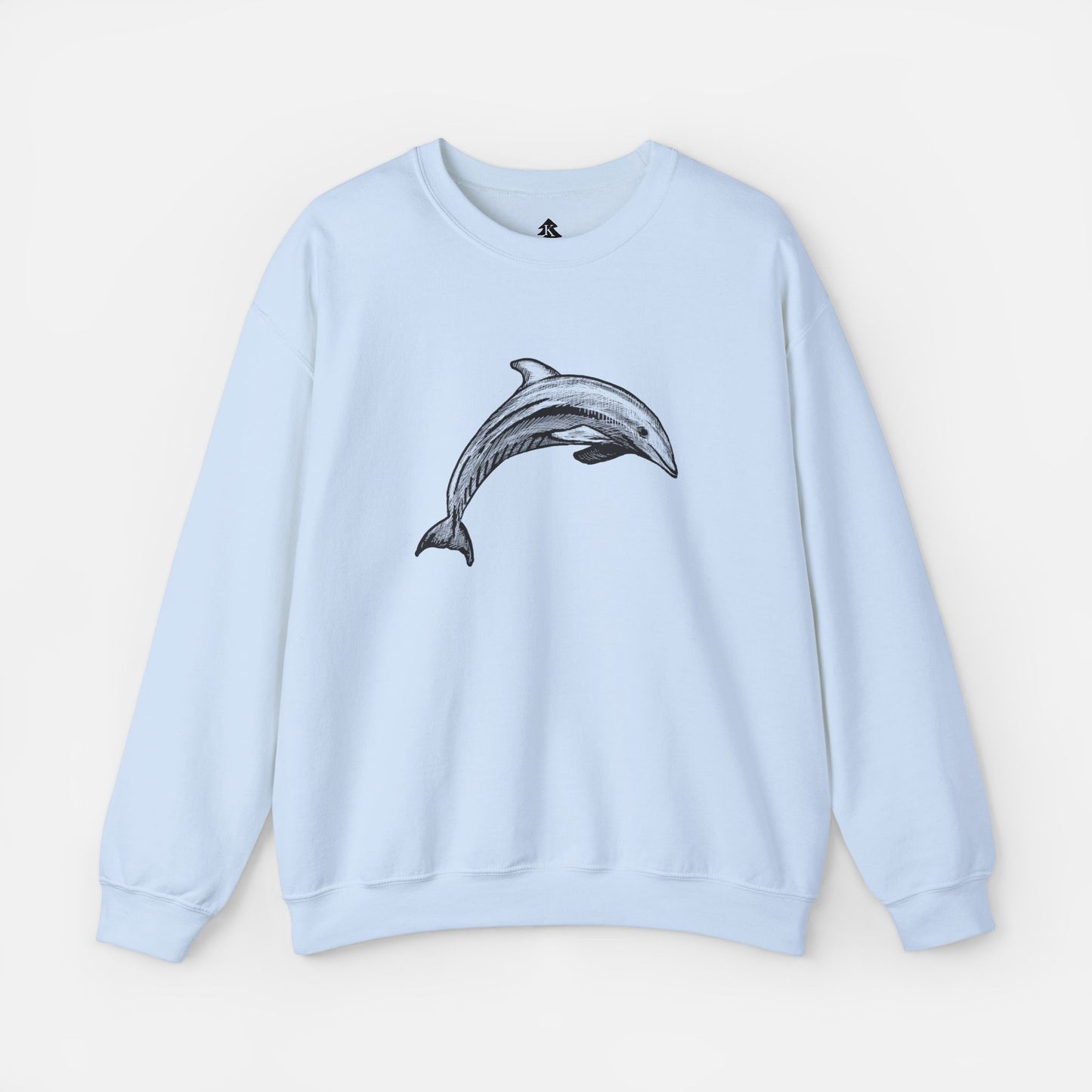 Light Blue Minimalist Pen & Ink Dolphin Illustration Sweatshirt front view on white background, featuring an elegant dolphin design for ocean lovers and artistic fashion enthusiasts.