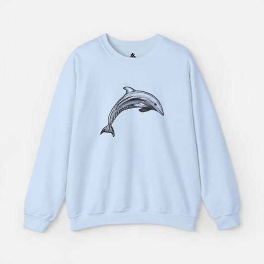 Light Blue Minimalist Pen & Ink Dolphin Illustration Sweatshirt front view on white background, featuring an elegant dolphin design for ocean lovers and artistic fashion enthusiasts.