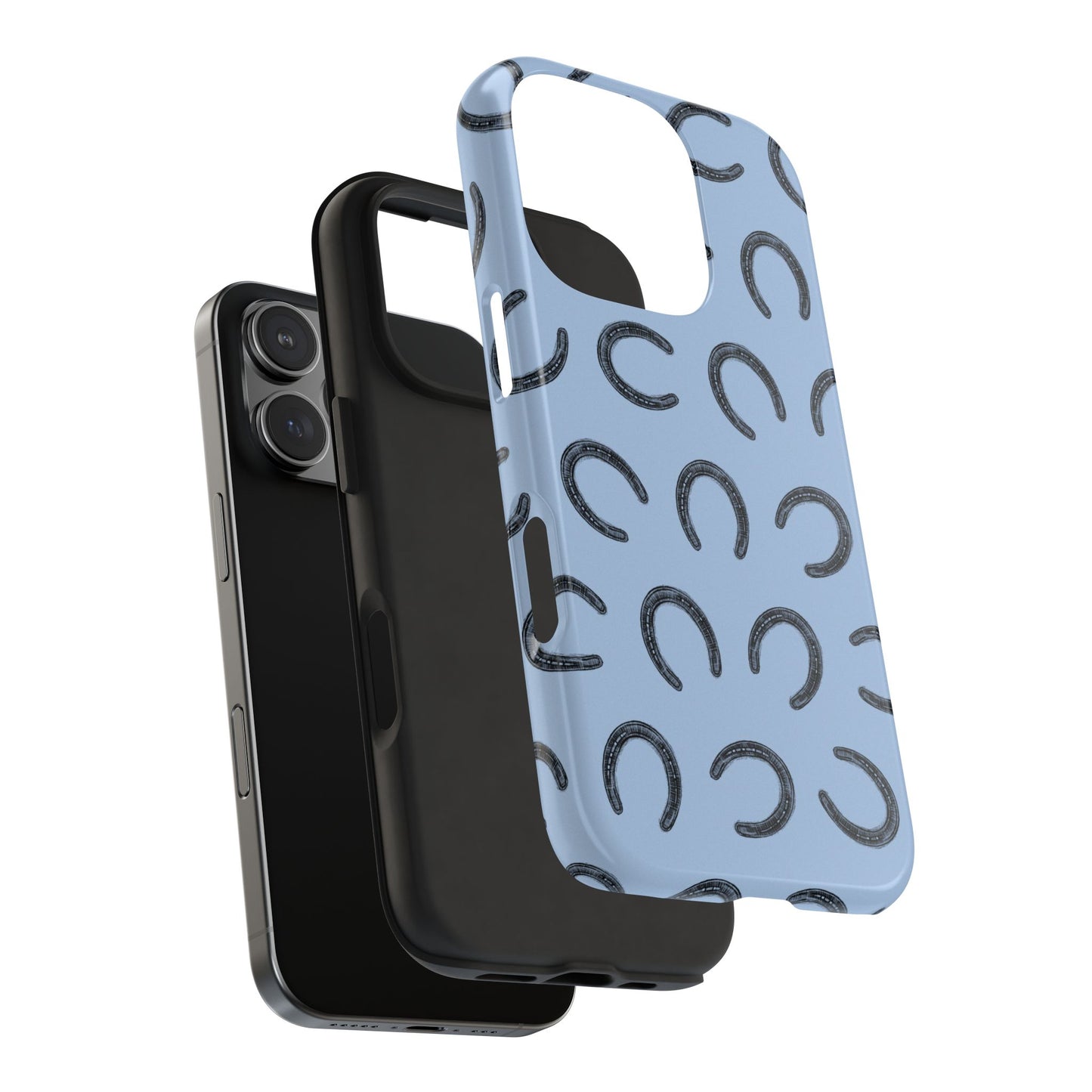 Exploded view of Lucky Horseshoe Phone Case, highlighting the impact-resistant rubber liner and sturdy plastic shell for ultimate phone protection.