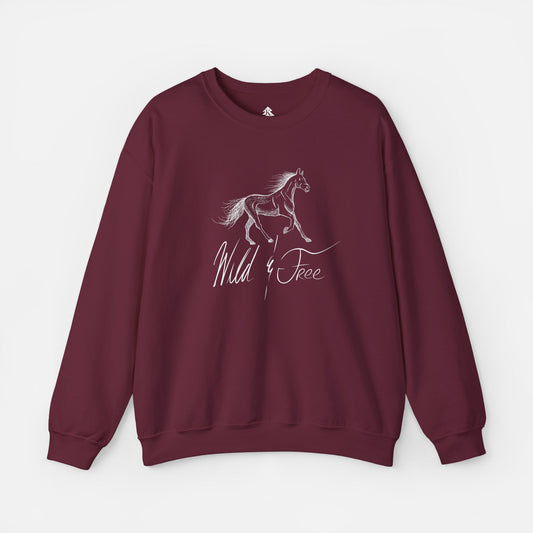 Wild and Free Elegant Horse Illustration Sweatshirt in maroon on a white background, featuring a graceful equine design for horse lovers and equestrian fashion enthusiasts.