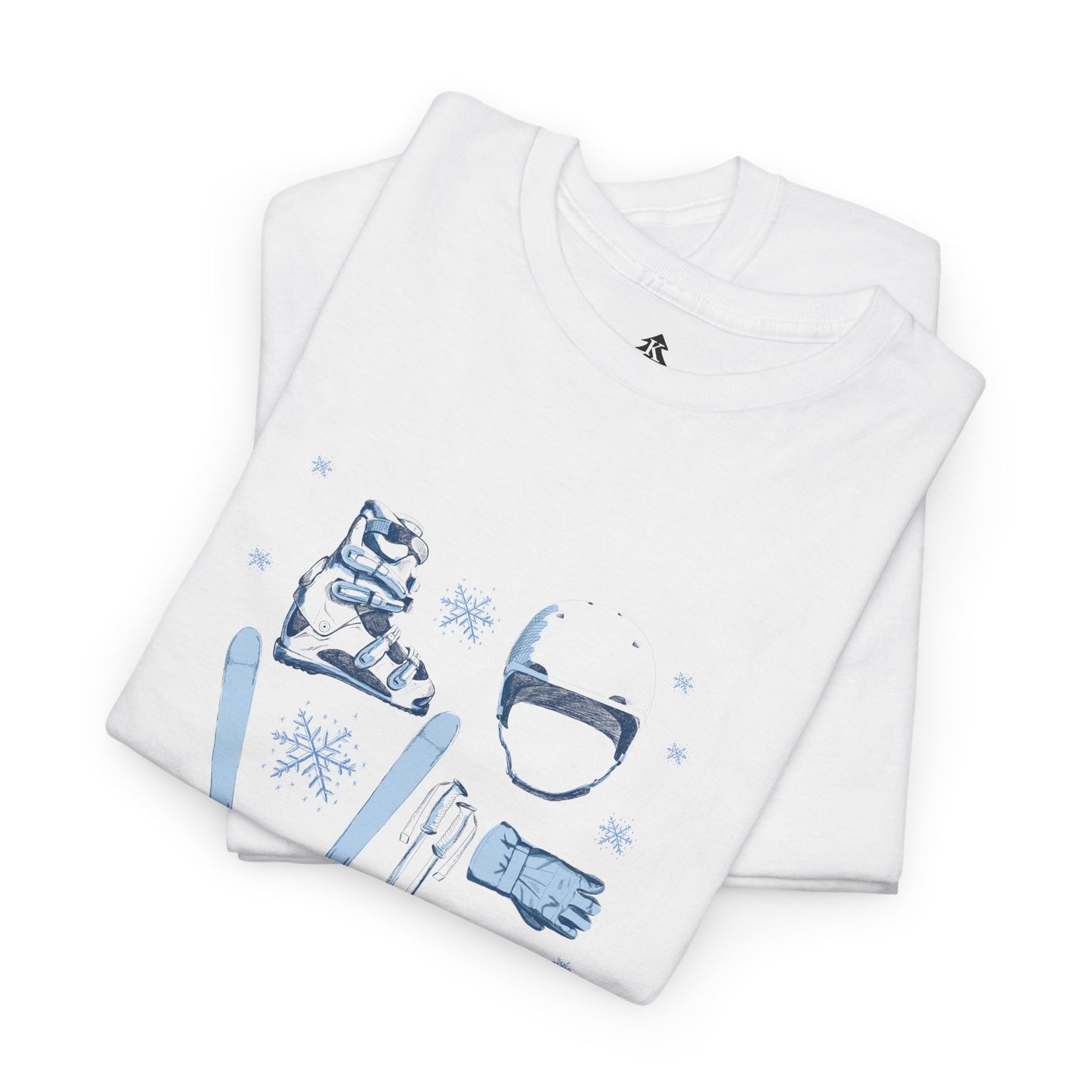 Folded white t-shirt with blue skiing icons on a white background