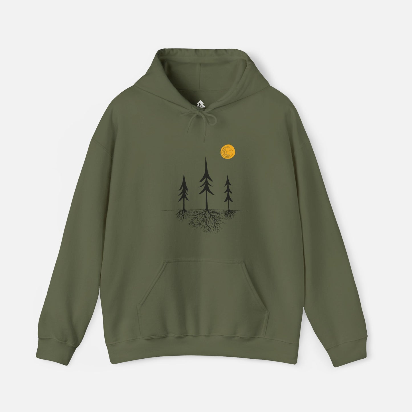 Military Green nature-inspired hoodie featuring a tree silhouette with exposed roots and a sun design. Unisex pullover sweatshirt displayed on a white background, showcasing minimalist outdoor apparel for forest lovers and hikers.
