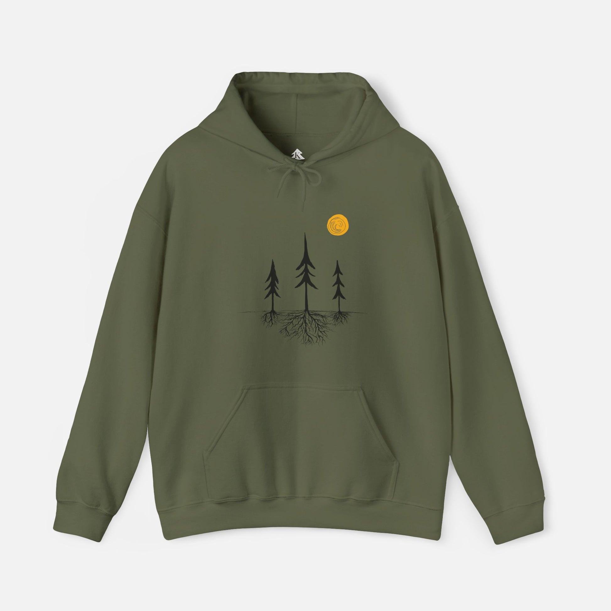Military Green nature-inspired hoodie featuring a tree silhouette with exposed roots and a sun design. Unisex pullover sweatshirt displayed on a white background, showcasing minimalist outdoor apparel for forest lovers and hikers.