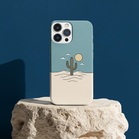 Minimalist Cactus Phone Case on a rock, showcasing peaceful desert design and slim protective profile.