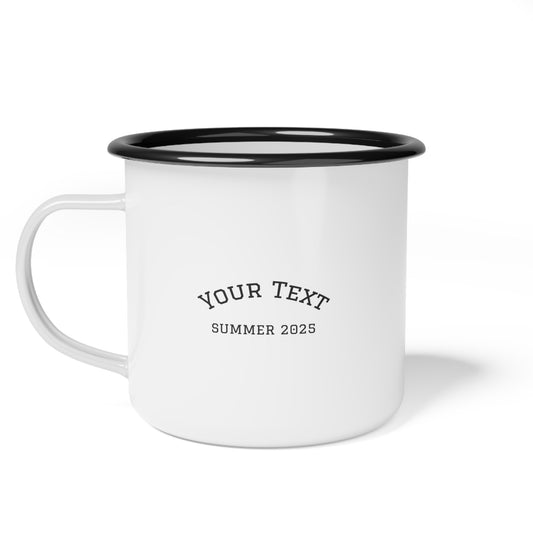 An image of an enamel camp mug all white with black rim showcasing customization text available for this mom mug which has a campfire nestled within the letter "O" of MOM on opposite side.