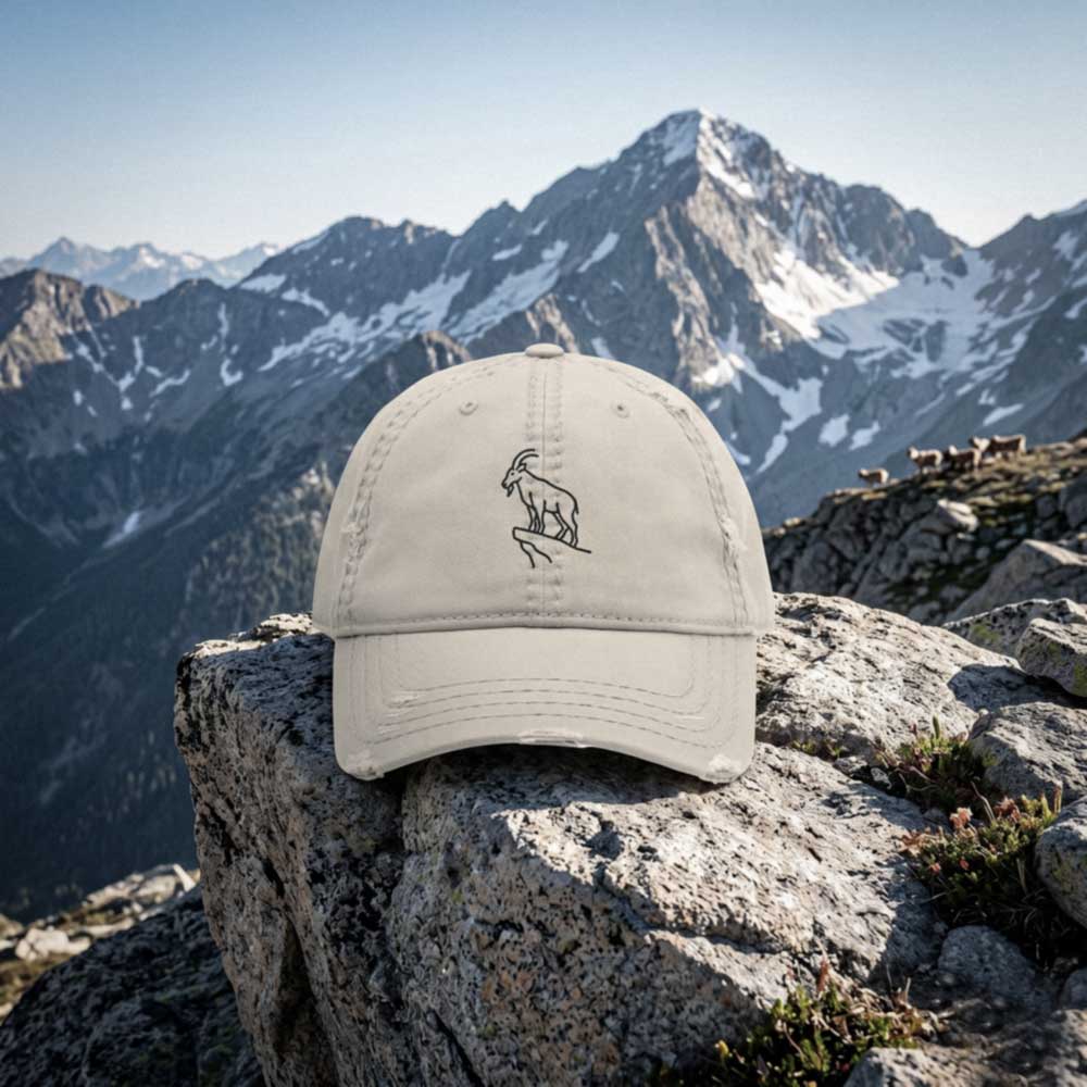 Beige cotton distressed dad cap with embroidered mountain goat on a rock with a mountainous landscape in the background by Kempain Family Outfitters called the "The Skyline".