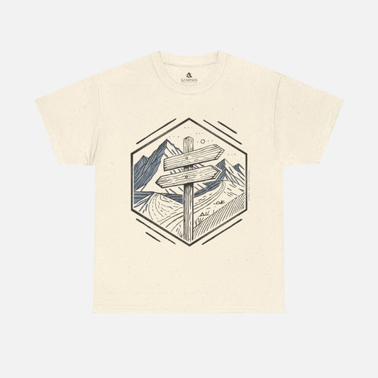 Natural color Wilderness Way Trail Sign T-Shirt displayed flat on a white background, showcasing a clean and modern hiking-inspired design.