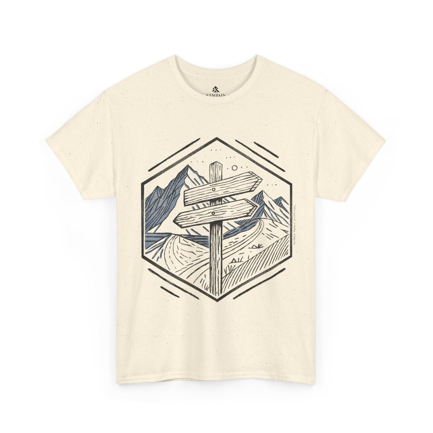 Natural color Wilderness Way Trail Sign T-Shirt displayed flat on a white background, showcasing a clean and modern hiking-inspired design.