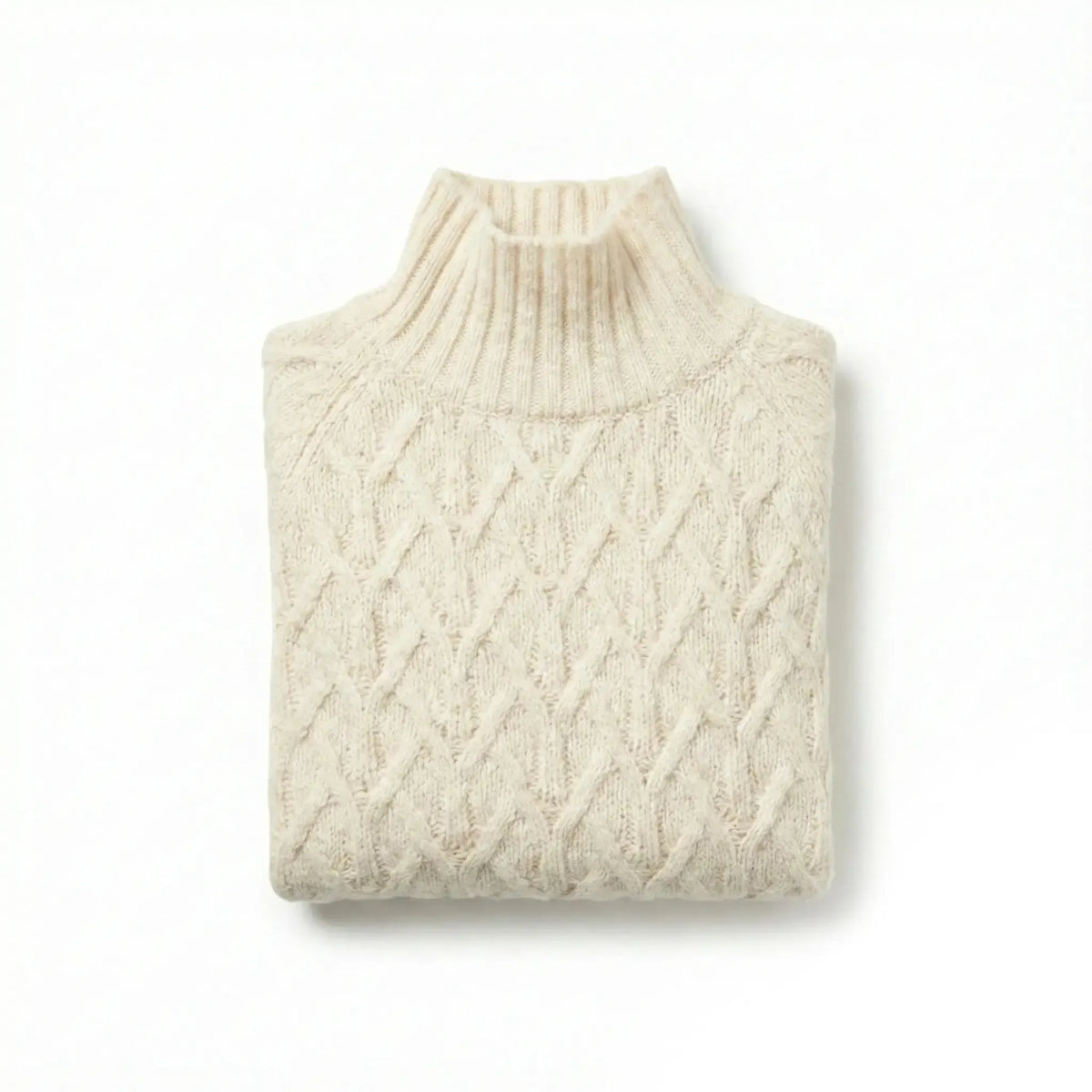 Natural alpaca wool sweater featuring a lattice cable knit pattern and mock neck design on a white background.