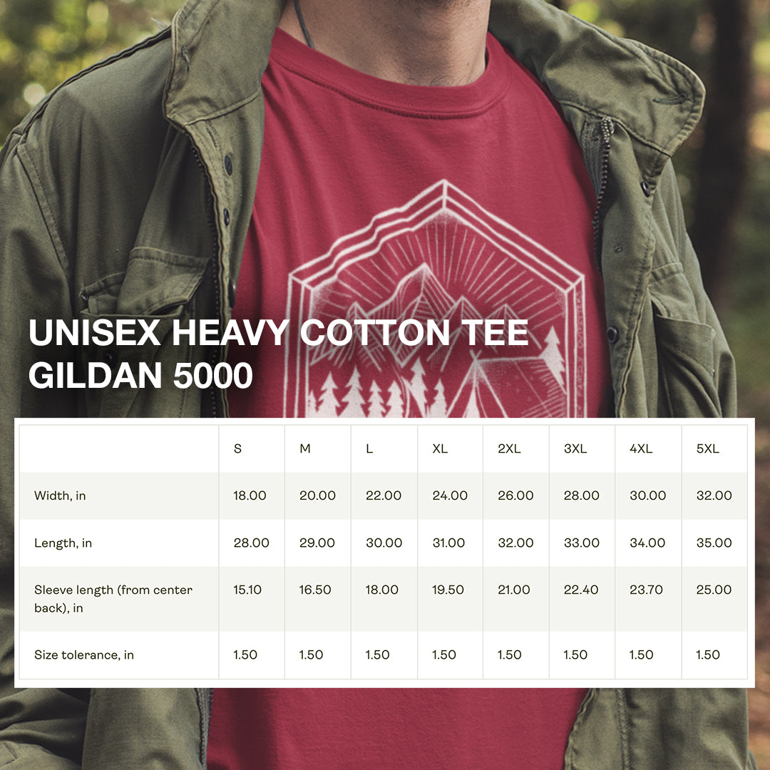 Size chart for the Nature’s Refuge Geometric Camping T-Shirt, detailing measurements for a comfortable and relaxed fit.