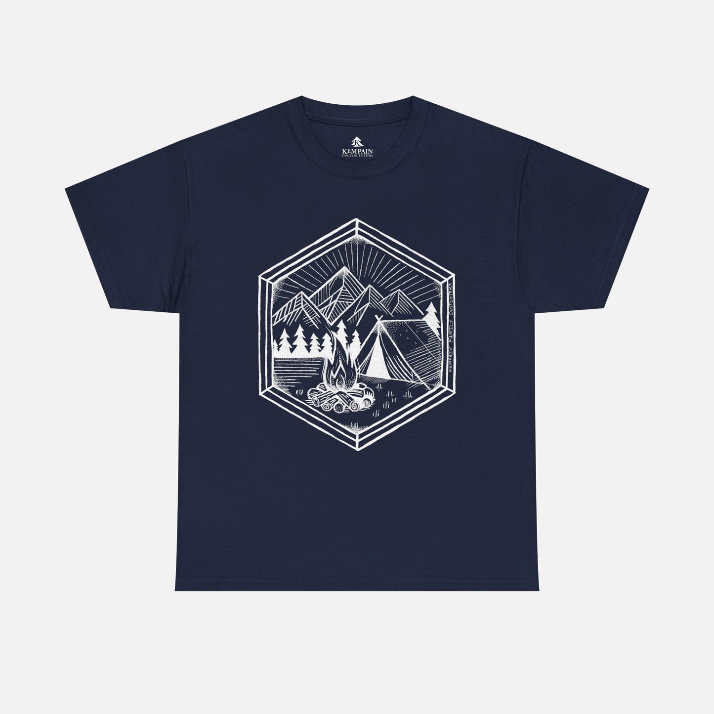 Nature’s Refuge Navy Blue Camping T-Shirt displayed flat on a white background, showcasing a geometric outdoor adventure design.