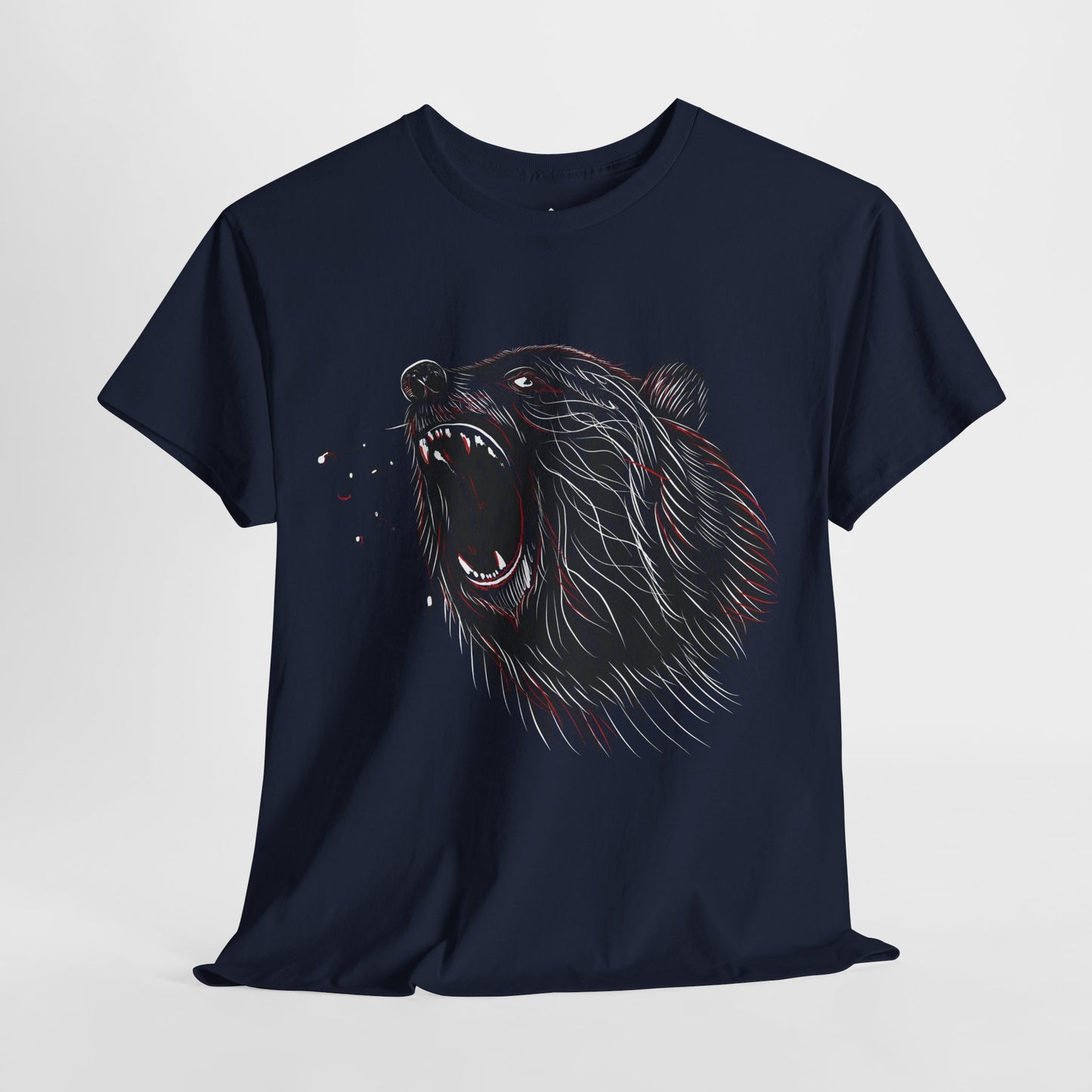 Navy Blue Roaring Bear T-shirt unisex nature and wildlife graphic tee on white background.