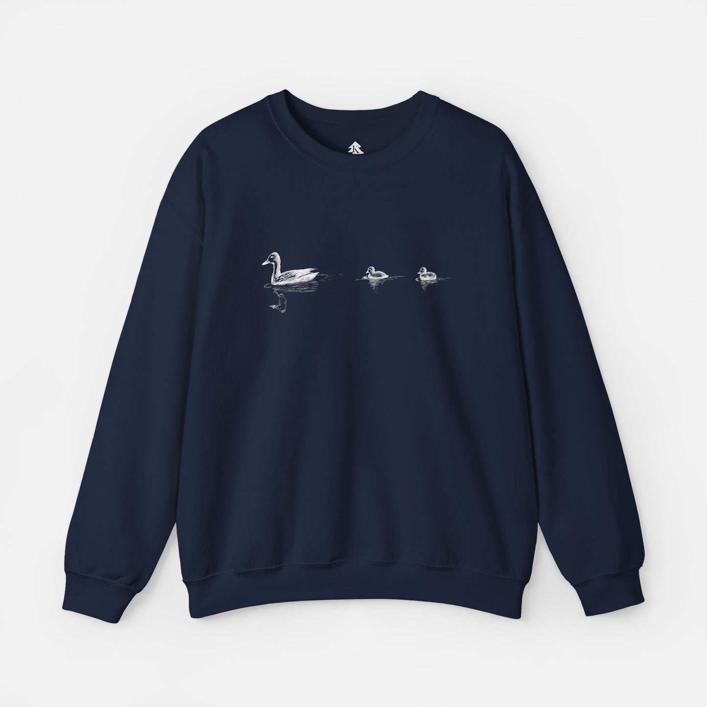 Navy Blue Duck Family Minimalist Sweatshirt – Mommy Duck and Two Ducklings Design, Unisex Pullover, Cute Duck Print Jumper, Animal Lover Gift on white background.
