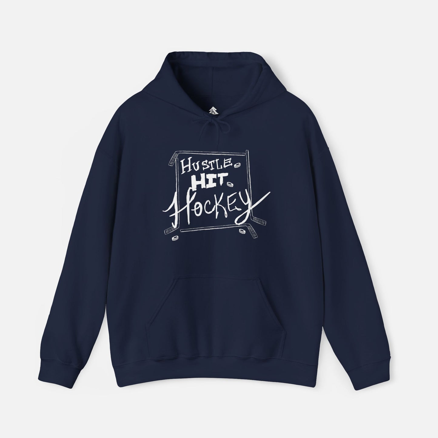 Navy Hustle Hit Hockey Hoodie with bold hockey-themed design, showcasing comfort and style for hockey fans on white background.