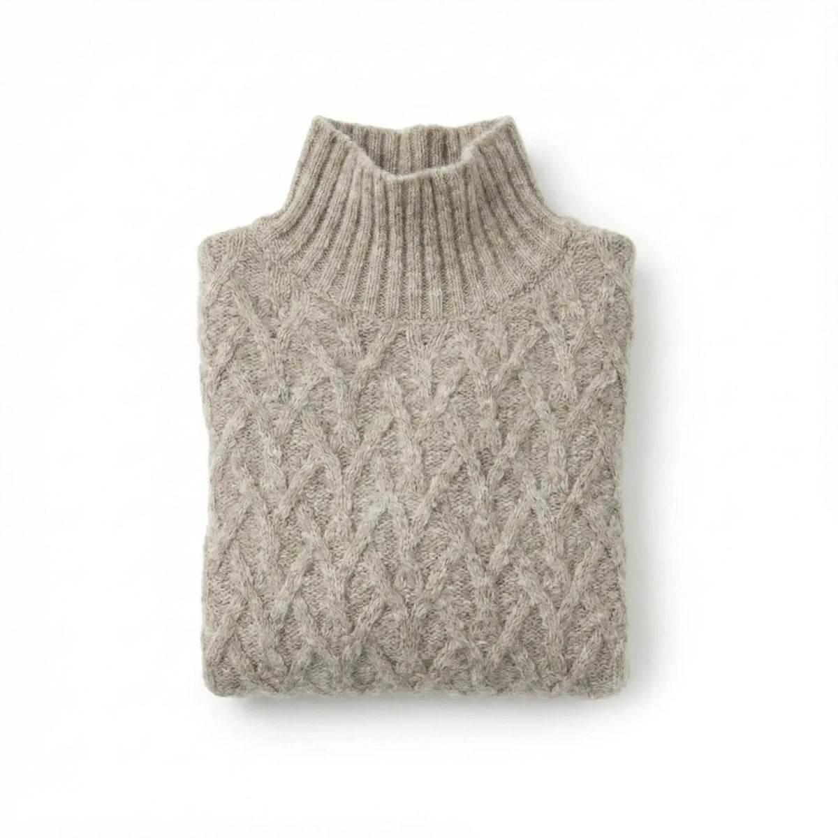 Oat alpaca wool sweater featuring a lattice cable knit pattern and mock neck design on a white background.