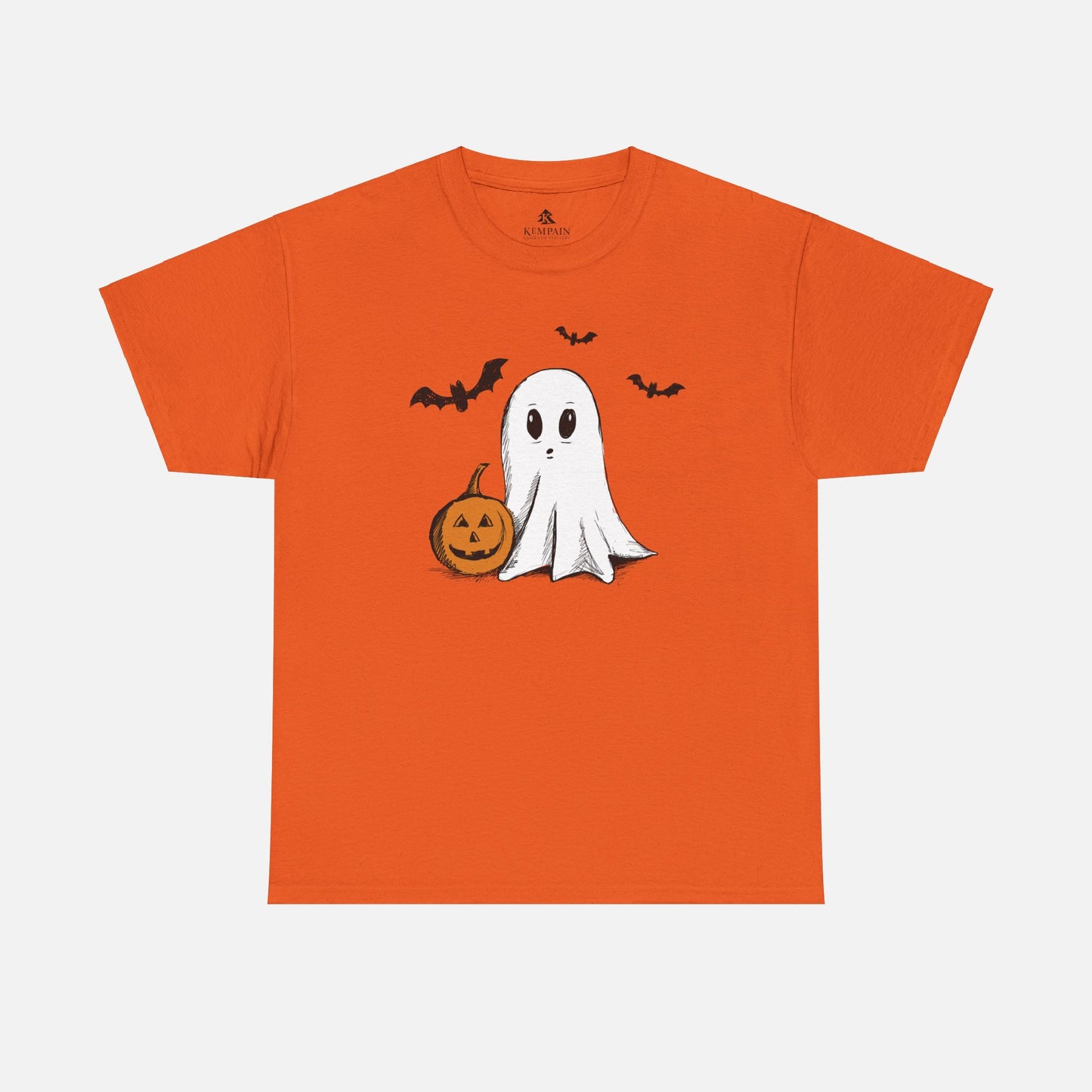 Orange unisex adult cotton shirt featuring a Halloween design with a ghost, bats, and pumpkin, perfect for festive and spooky seasonal wear.
