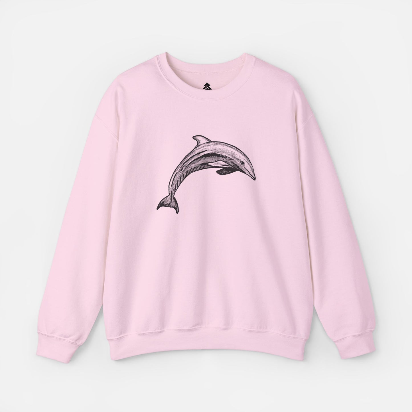 Pink Minimalist Pen & Ink Dolphin Illustration Sweatshirt front view on white background, featuring an elegant dolphin design for ocean lovers and artistic fashion enthusiasts.