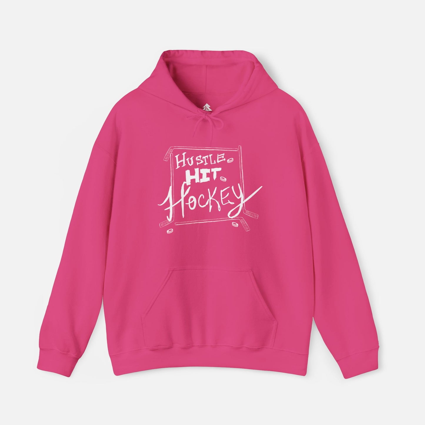 Pink Hustle Hit Hockey Hoodie with bold hockey-themed design, showcasing comfort and style for hockey fans on white background.