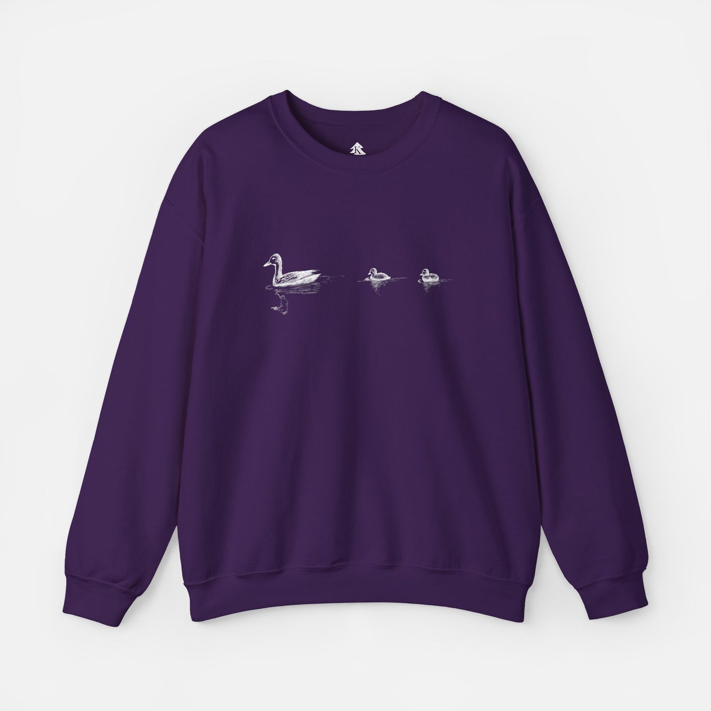 Purple Duck Family Minimalist Sweatshirt – Mommy Duck and Two Ducklings Design, Unisex Pullover, Cute Duck Print Jumper, Animal Lover Gift on white background.