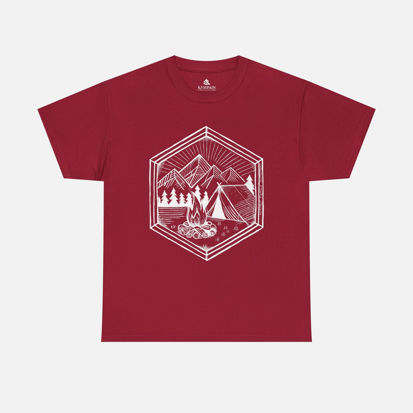 Nature’s Refuge Cardinal Red Camping T-Shirt displayed flat on a white background, showcasing a geometric outdoor adventure design.
