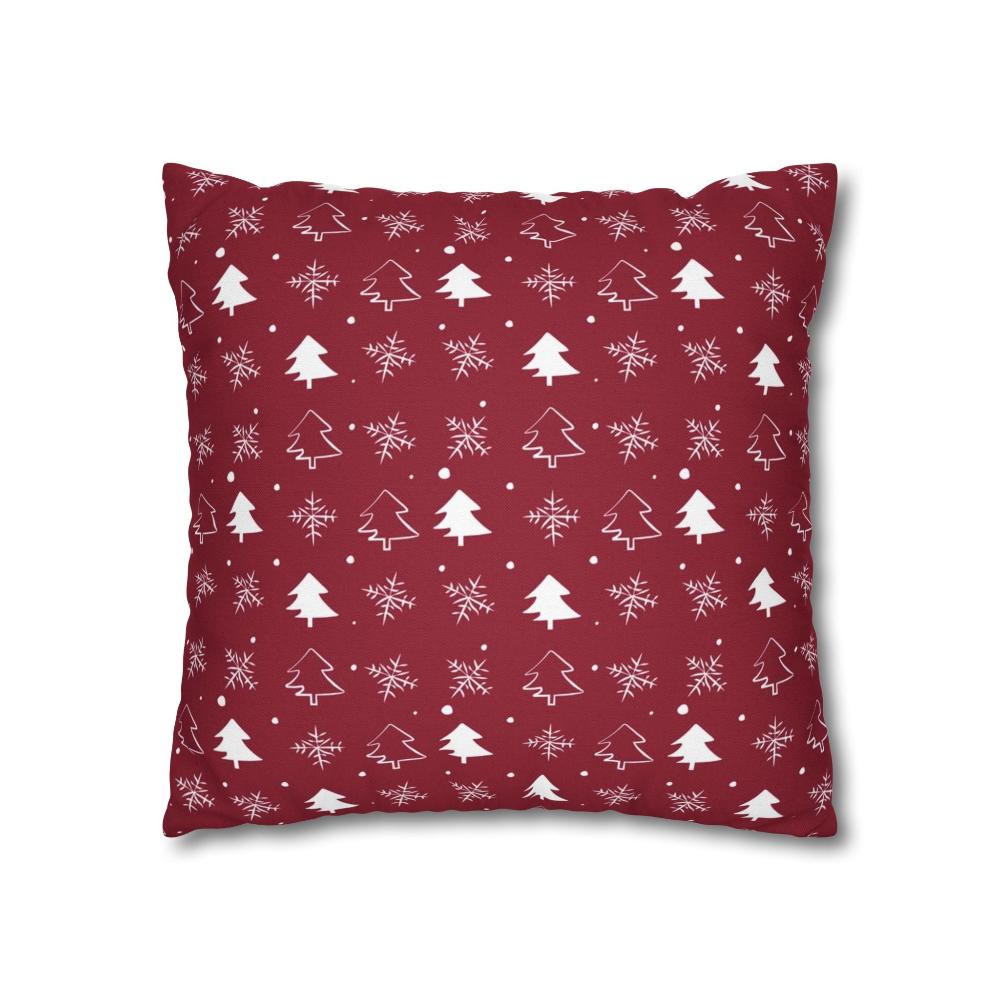 Red-Pillow case featuring a winter snowflake and tree pattern, displayed on a white background, perfect for adding a festive and cozy touch to winter home decor.