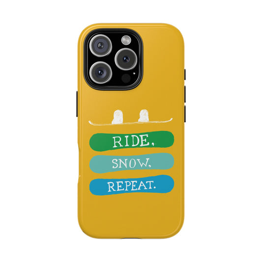 Tough Phone Case with Ride Snow Repeat snowboard design, displayed on a white background to highlight its sleek style and durable construction.