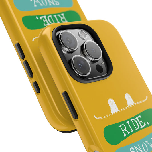 Close-up view of the Tough Phone Case camera cutout, featuring precise detailing and the 'Ride Snow Repeat' snowboard design.