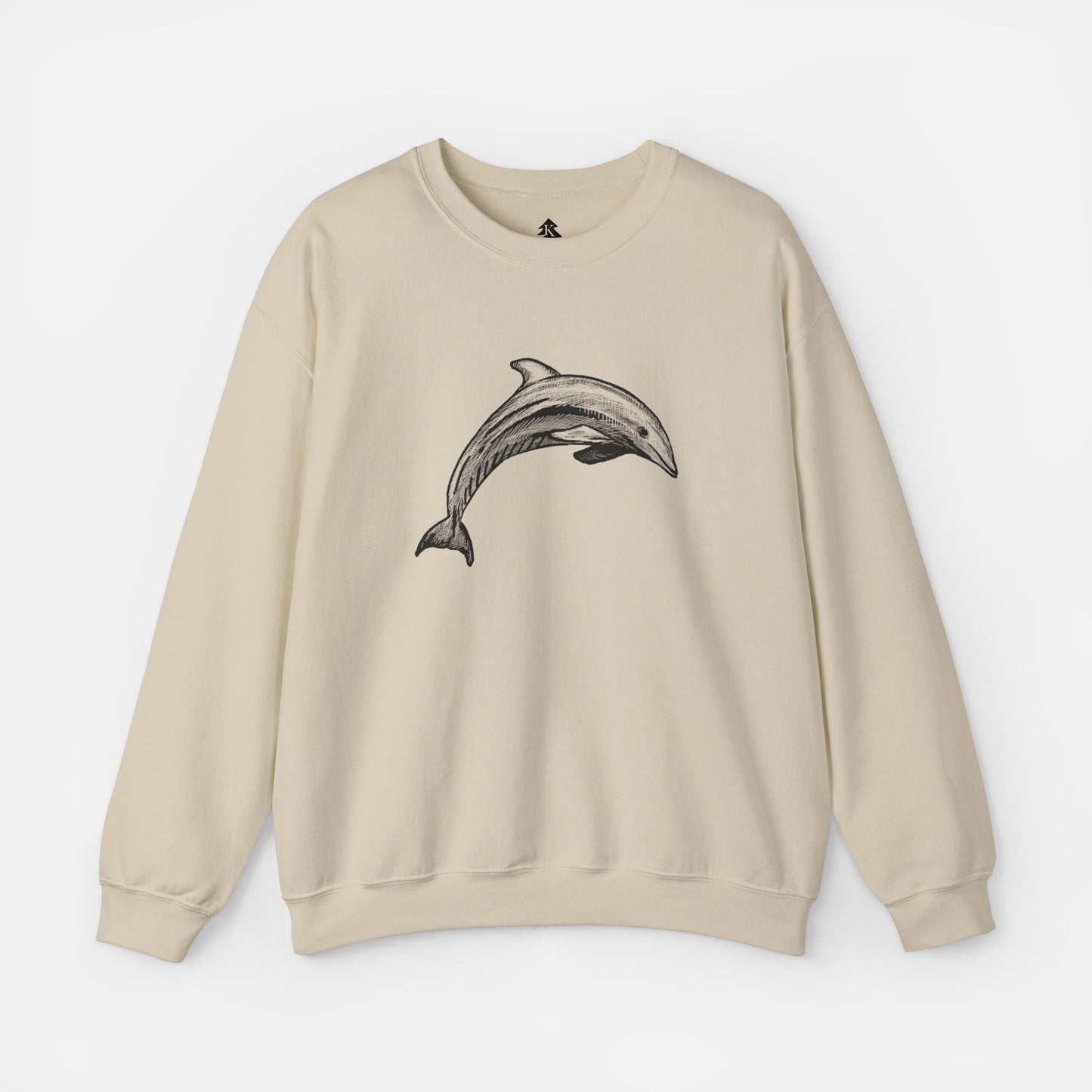 Sand color Minimalist Pen & Ink Dolphin Illustration Sweatshirt front view on white background, featuring an elegant dolphin design for ocean lovers and artistic fashion enthusiasts.