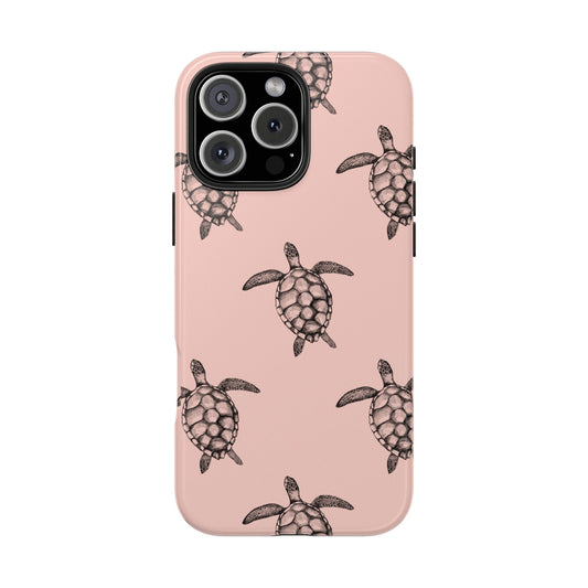 A pink phone case with a sea turtle pattern, featuring illustrations of turtles on the front.