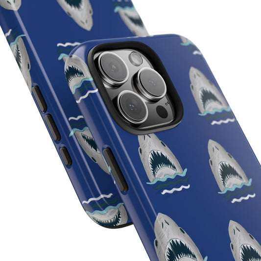 Angled close-up of Shark Pattern Phone Case showing the vibrant repeating Shark artwork and glossy surface texture.