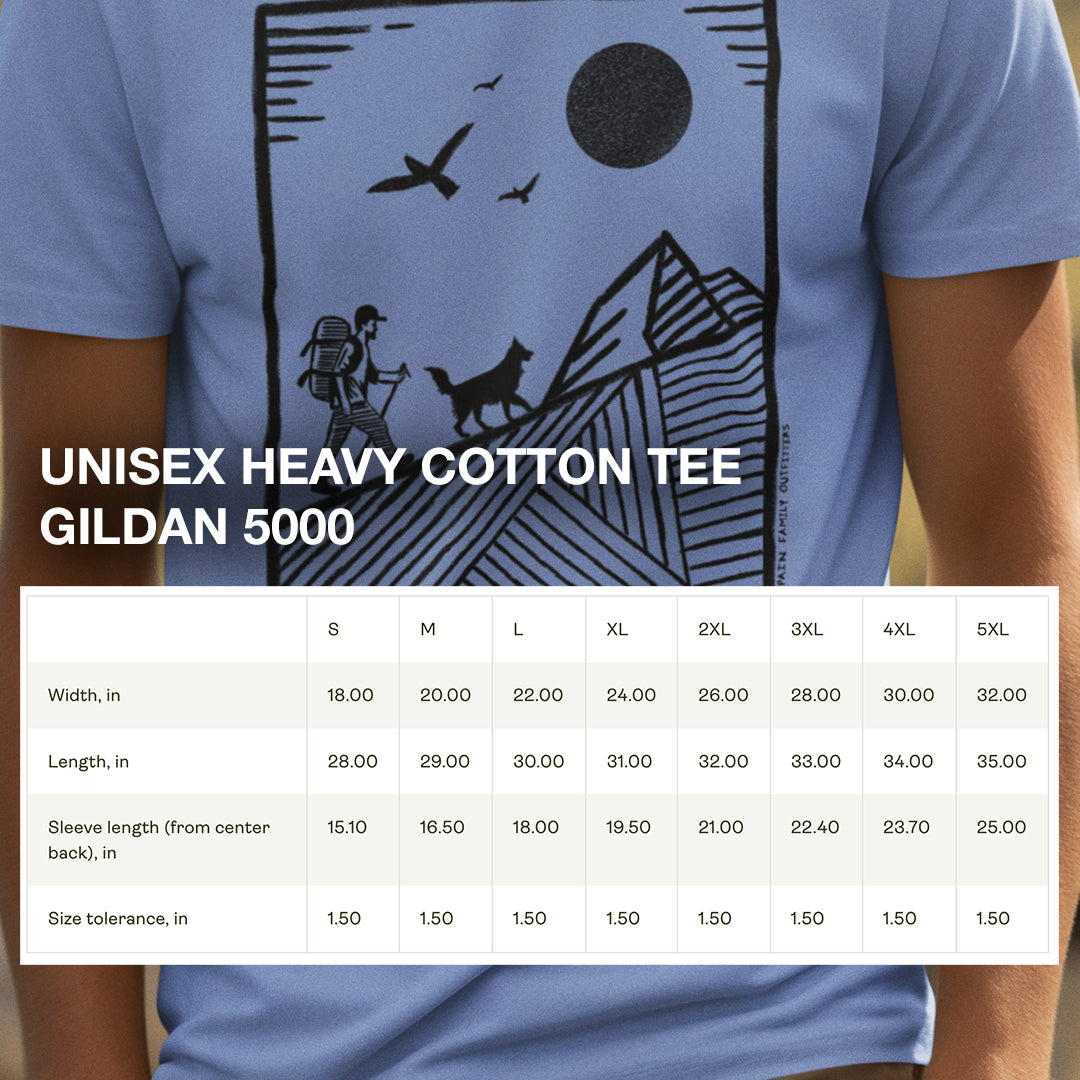 Size chart for Hiker & Dog Companion Tee, providing detailed measurements for a comfortable and relaxed fit.