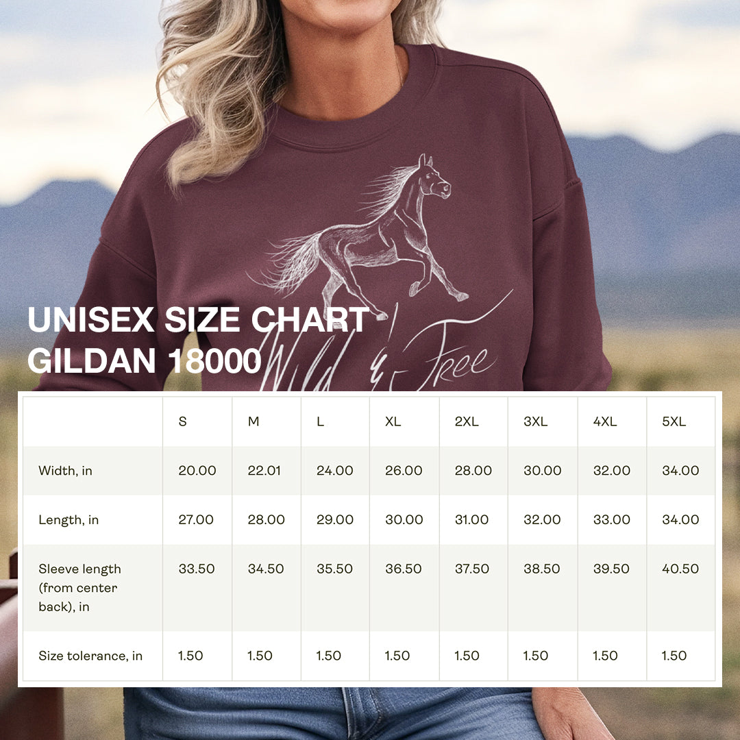 Size chart for Wild and Free Elegant Horse Illustration Sweatshirt, providing detailed measurements for a perfect fit in this equestrian-inspired apparel.