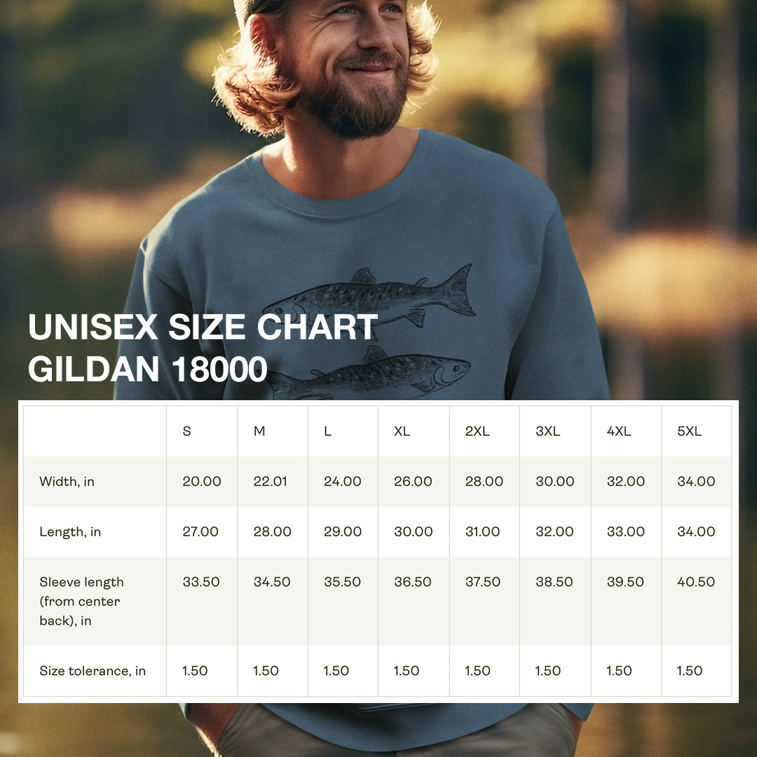 Size chart for Rustic Trout Sweatshirt, providing accurate measurements to ensure a comfortable fit for fishing and outdoor adventures.