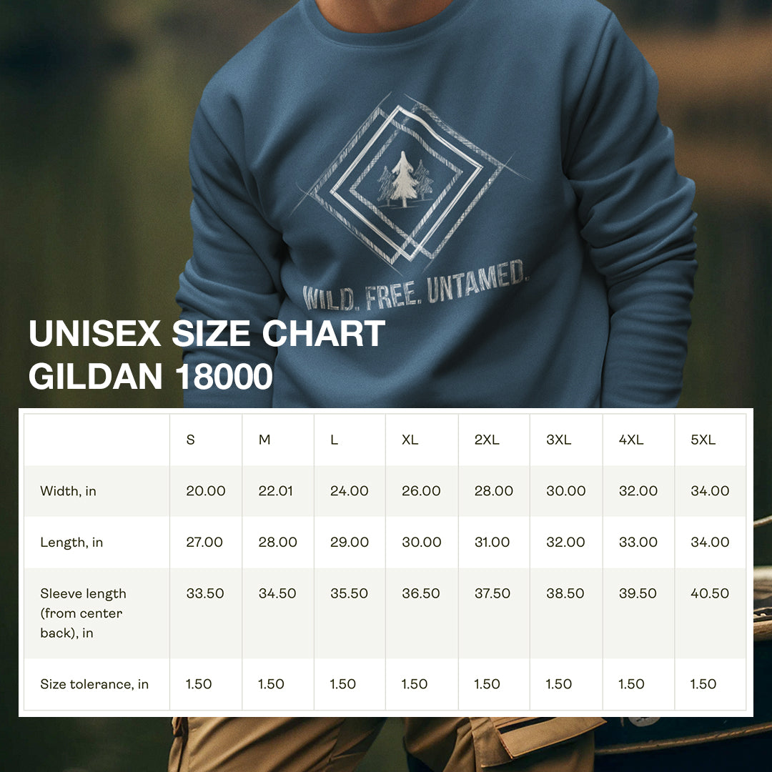 Size chart for Wild. Free. Untamed. Rustic Crewneck Sweatshirt, providing detailed measurements for a unisex comfortable and relaxed fit.