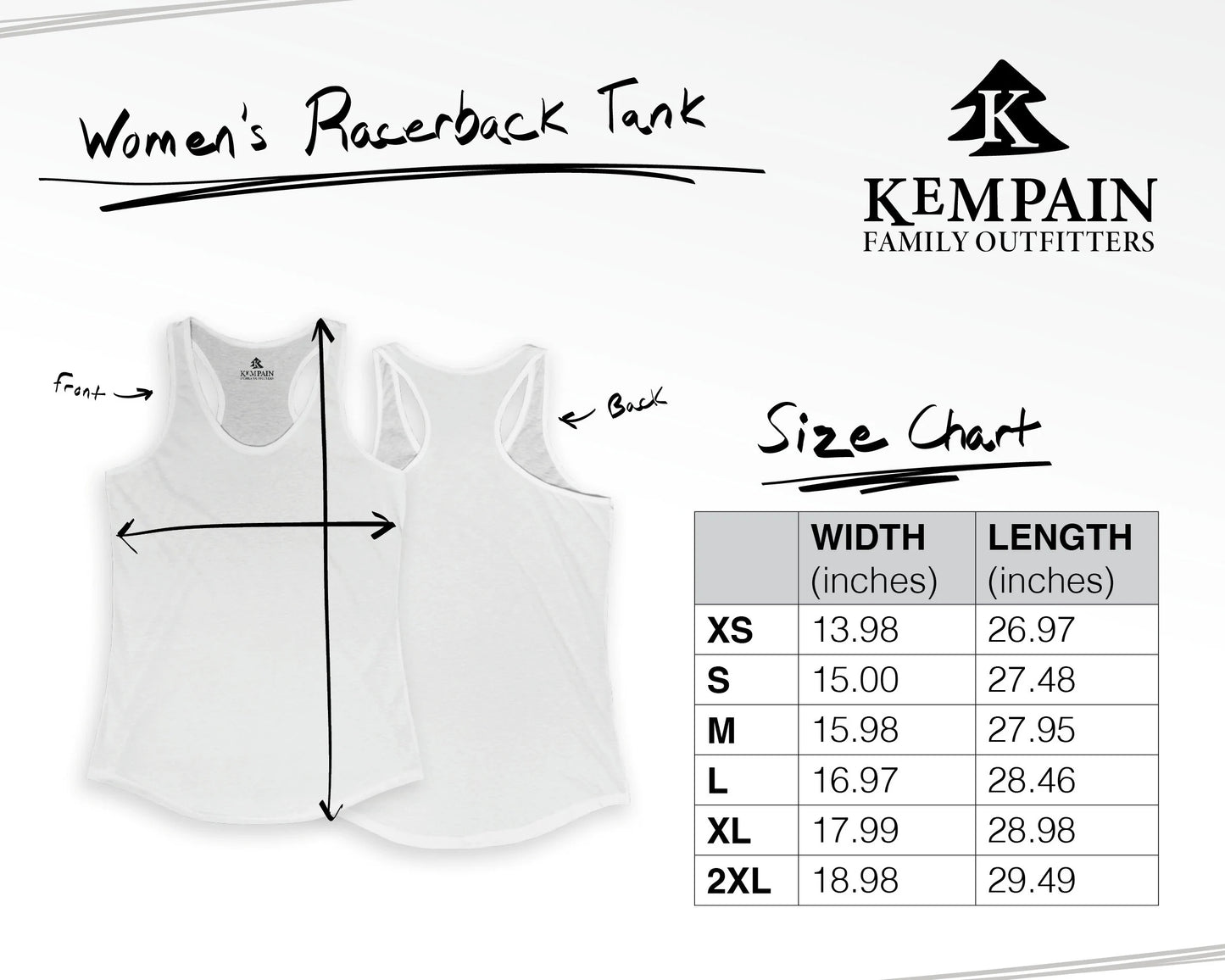 Size chart for Kempain Family Outfitters Racerback Tank Tops for Women, providing accurate measurements for a comfortable fit.