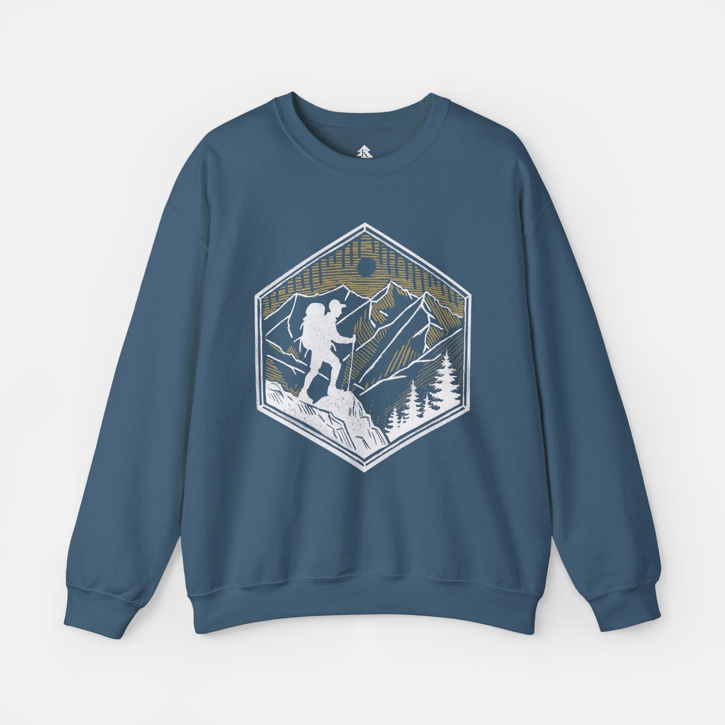 Solid indigo Skyline Trek Sweatshirt displayed flat on a white background, showcasing its cozy fabric and outdoor-inspired hiking design.