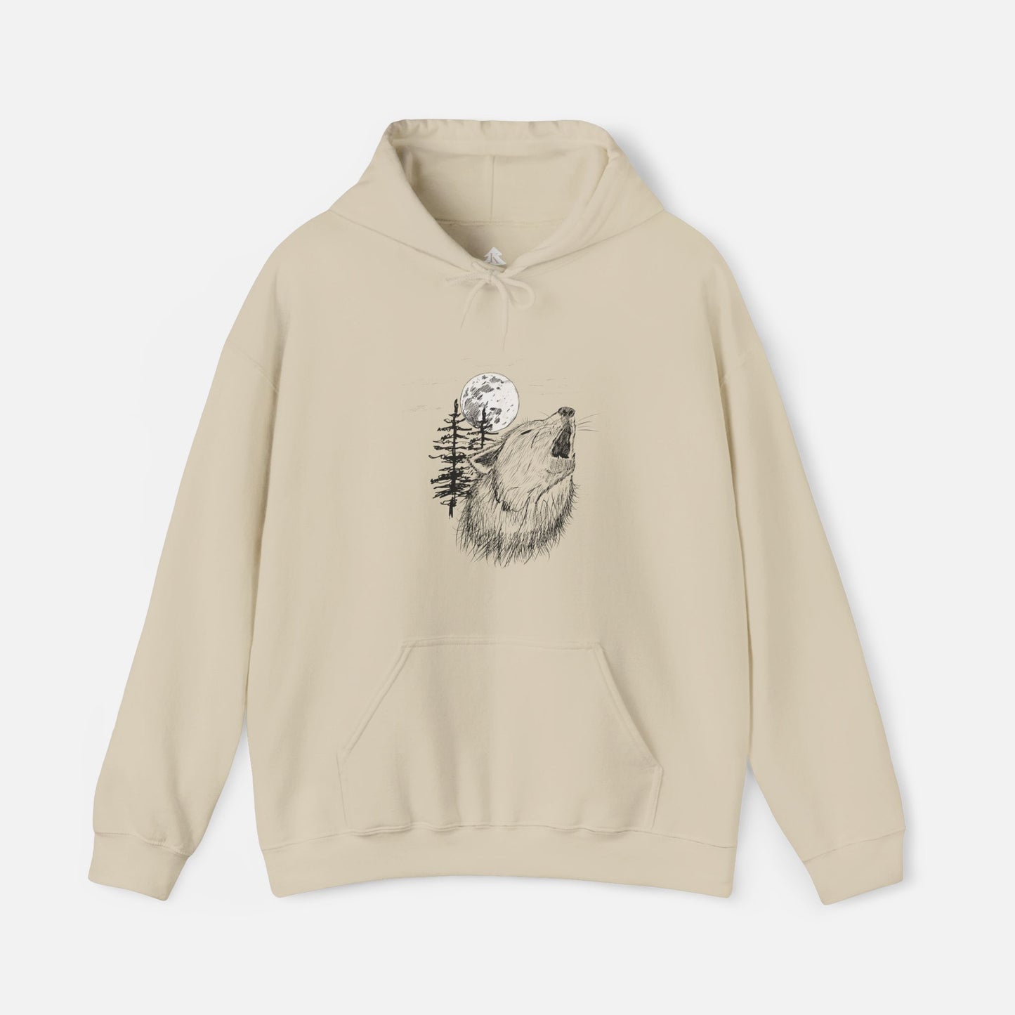 Tan hoodie featuring a detailed illustration of a howling wolf and moon, perfect for outdoor enthusiasts and nature lovers. Comfortable, stylish, and ideal for casual wear or chilly nights.